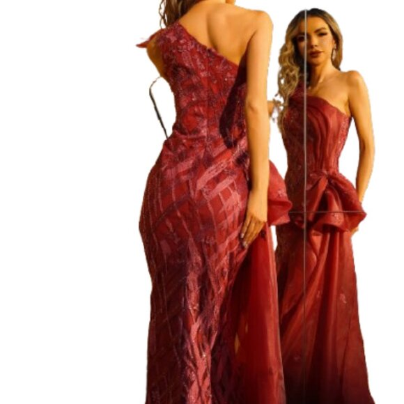 NWT Terani 252GL5205 Tulle Prom Dress Wine Size 16 - Picture 3 of 6